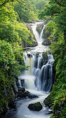 A serene waterfall cascading through lush greenery, creating a peaceful natural scene for relaxation and inspiration.