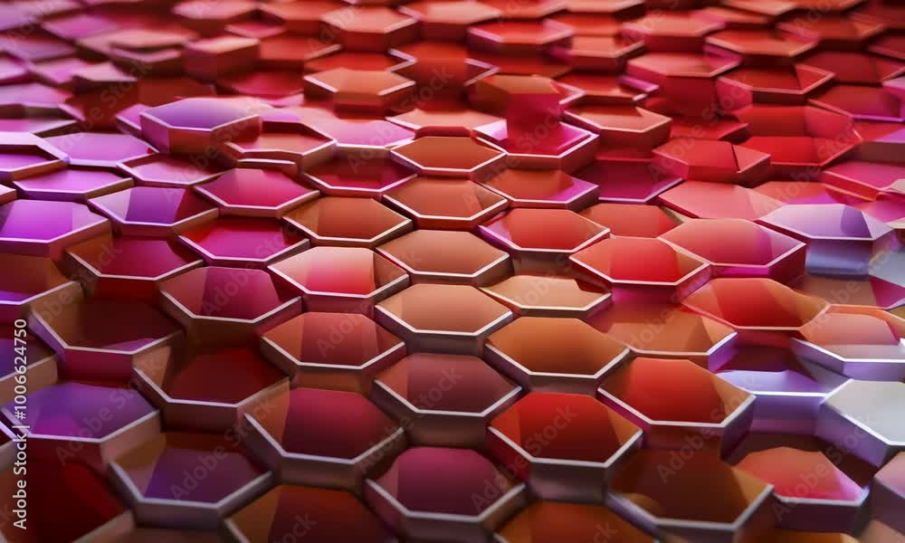 Poster a close-up abstract image of a repeating pattern of hexagonal shapes in shades of red, orange, and p
