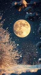 Naklejka premium A serene winter night featuring a bright full moon shining over snow-covered trees, creating a magical ambiance.
