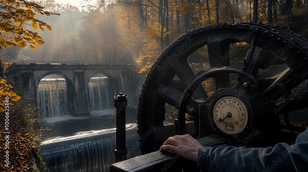 Poster engineer adjusting gauge on water turbine with forest backdrop