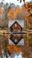 Fototapeta premium A serene wooden cabin by a lake, surrounded by vibrant autumn foliage reflecting on the water's surface.