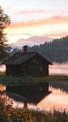 Fototapeta premium A serene wooden cabin by a tranquil lake, reflecting the vibrant colors of sunset against a backdrop of mountains and trees.