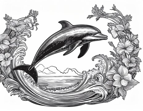 recommend clip art: Black and white line drawing of a dolphin jumping in the waves, surfer motif, button, t-shirt motif