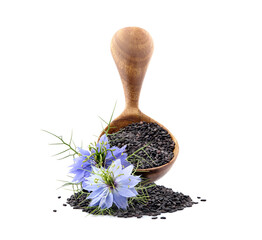 Black cumin  on white background closeup. Cumin in wooden spoon.