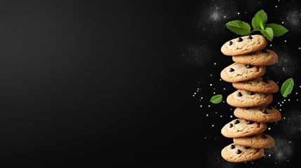 A tempting display of fresh chocolate chip cookies stacked beside a glass of coffee and garnished with mint leaves, all set against a sleek black background