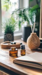A serene workspace with essential oils, plants, and natural decor, inspiring calm and creativity in any setting.