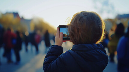 A young child holding a camera, capturing a photograph while surrounded by people in a bustling environment, conveying the innocence of discovery.