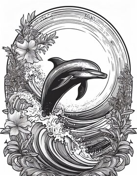 recommend clip art: Black and white line drawing of a dolphin jumping in the waves, surfer motif, button, t-shirt motif