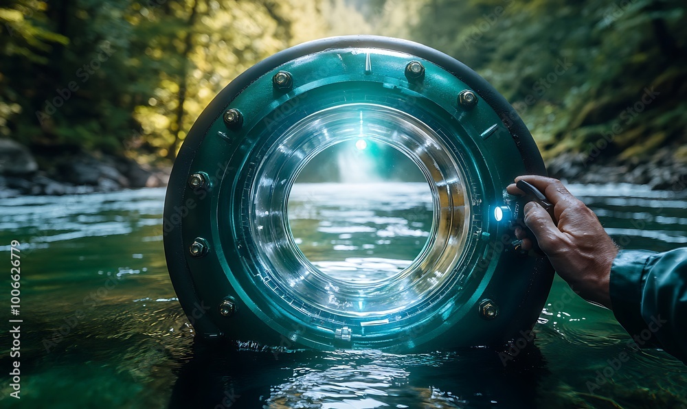 Poster engineer inspecting base of water turbine with forest reflections
