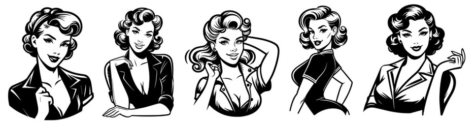 classic black and white pin-up girl portrait set, vintage style, vector artwork