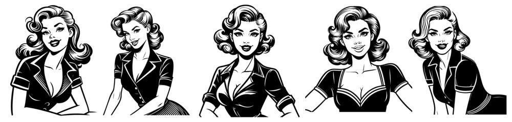 artistic portraits of pin-up girls in retro style, black vector artwork