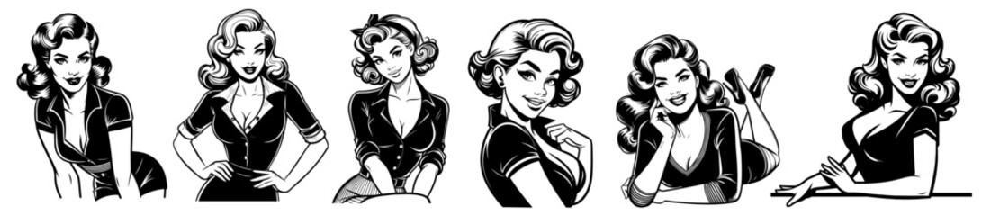 vintage pin-up girl portraits, detailed sketch style, black vector art