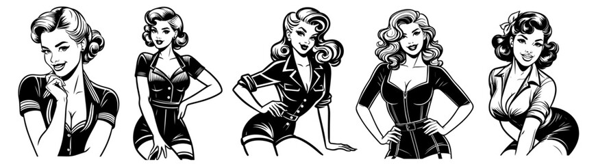detailed black and white pin-up girl portraits, vintage sketch, vector design