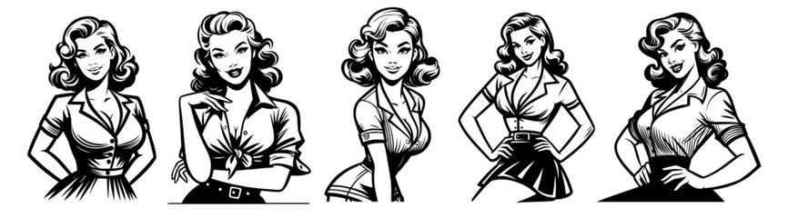 hand-drawn pin-up girl collection in classic retro style, black vector illustration