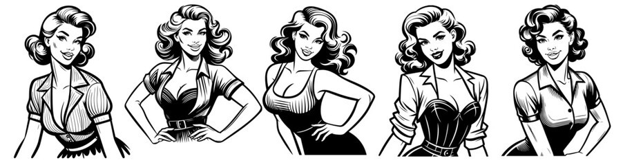 collection of pin-up girl portraits in classic black and white, vector design
