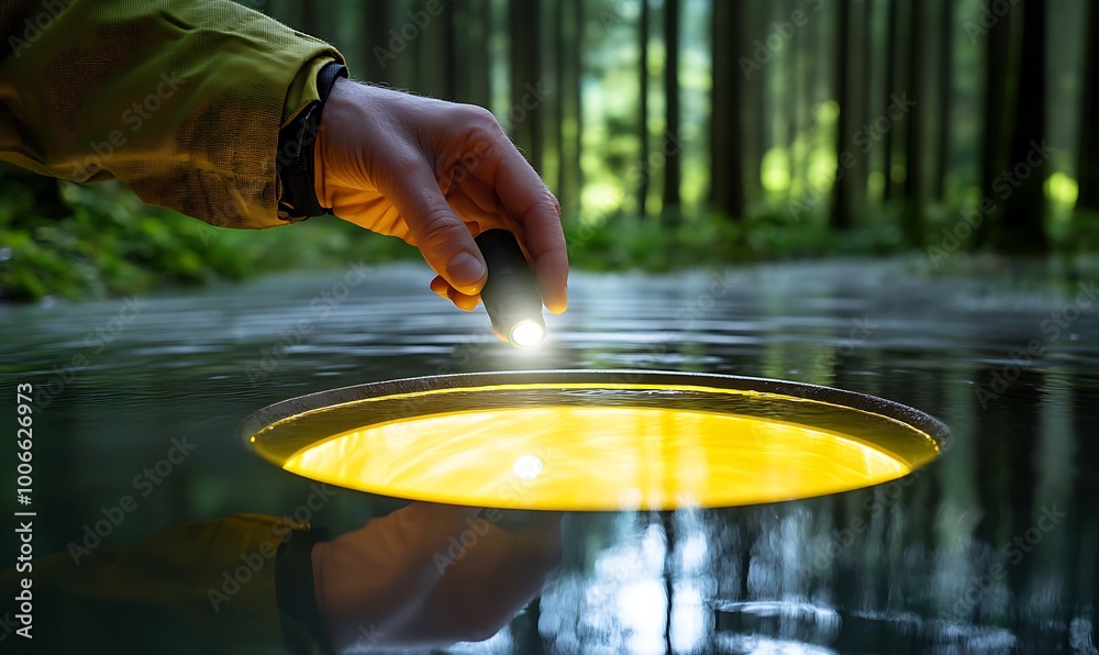 Poster engineer inspecting base of water turbine with forest reflections