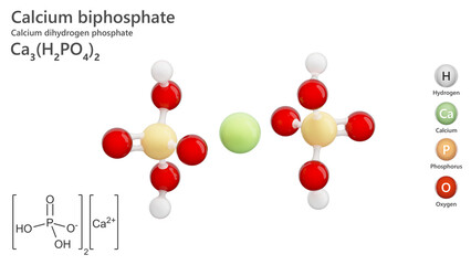 Molecular structure of Calcium phosphate Ca3(H2PO4)2. Calcium phosphate is typically available as an over the counter supplement, antacid or as an added ingredient in some toothpastes. 3d illustration