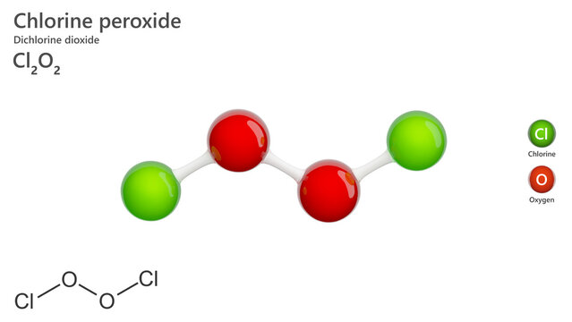 Molecule of chlorine peroxide Cl2O2 (or dichlorine dioxide). It is important in the formation of the ozone hole. White background. 3d illustration