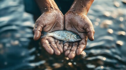 Hands holding a dead fish above polluted waters, symbolizing the devastating impact of pollution on marine life