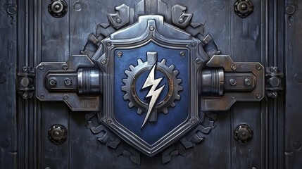 A robust metallic shield with a central cog and lightning bolt, representing engineering precision and protective strength.