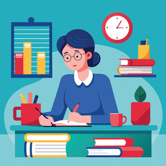 Teacher Sitting at a Desk, Grading Papers With a Red Pen, With a Cup of Coffee and a Stack of Books Nearby. Vector art Illustraion 