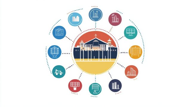 An informative infographic featuring interconnected city services with vibrant icons, demonstrating urban planning and organization.