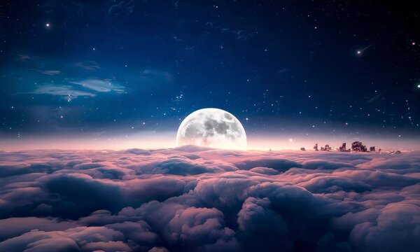 A full moon rises above a sea of clouds, illuminating a distant city skyline with its ethereal glow.