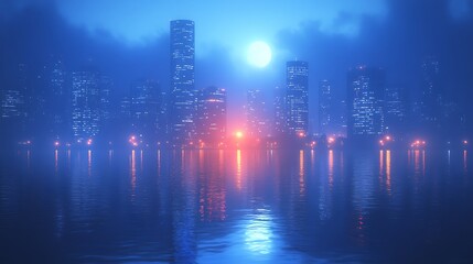 Fototapeta premium Futuristic Cityscape with Neon Lights and Foggy Atmosphere