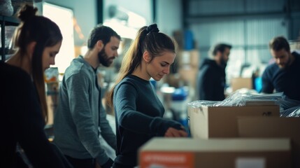 Group of concentrated warehouse workers packing boxes on a busy day