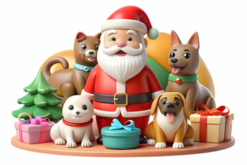Charming Santa Surrounded by Adorable Pets in a Bright and Glossy Holiday Setting - Perfect for Heartwarming Holiday Greetings