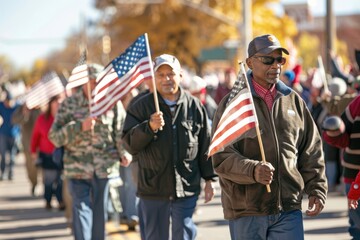 Proud Veterans Marching in Veterans Day Parade Holding American Flags with Cheering Crowds
