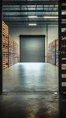 A spacious warehouse interior showcasing organized pallets and a large loading door, ideal for storage and logistics operations.