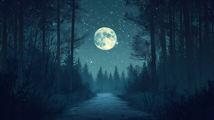 A path leads through a dark forest to the full moon and stars above. (generative ai). Moonlit Forest. Illustration