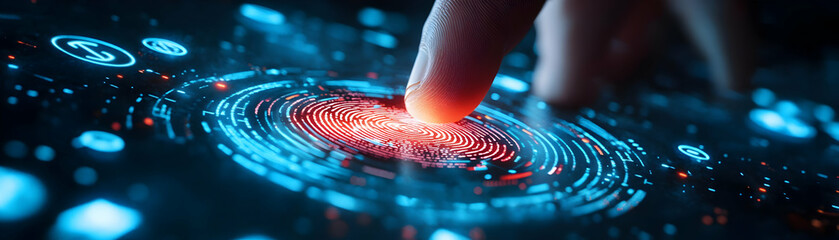 Macro Shot of Futuristic Fingerprint Scanner with Holographic Financial Icons Overlaid - Symbolizing Secure Personal Finance Connections and Business Growth