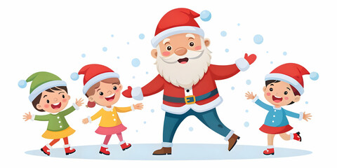 Fototapeta premium Flat Santa Playing in the Snow: Joyful Winter Fun with Children in a Lively Vector Illustration