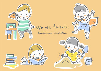 playing kids, 4 children, cute illustration