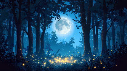 Obraz premium A scene of a moonlit forest with fireflies adding a touch of magical light among the trees. Moonlit Forest. Illustration