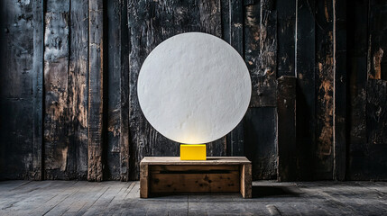 modern lamp featuring large circular shade on yellow base, set against rustic wooden backdrop. design combines simplicity and elegance, creating warm ambiance