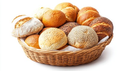 Watercolor Basket of Assorted Bread Rolls Isolated on White Background