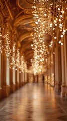 Obraz premium A stunning corridor adorned with shimmering lights, offering a blend of elegance and warmth in a grand architectural setting.