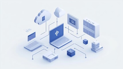 Isometric representation of a tech network environment with interconnected devices in blue, highlighting cloud computing.
