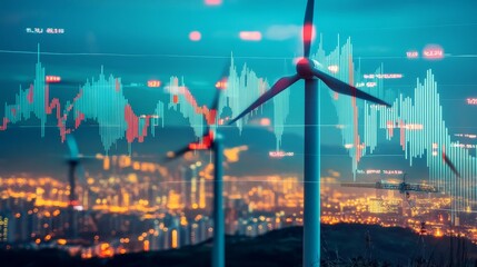 Dynamic scene of wind turbines mixed with data charts and city in the background, symbolizing renewable energy trends.