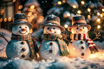 Winter. Happy New Year and Merry Christmas. Funny snowmen on a blurred background made of a beautiful side of colored lights. New Year's festive atmosphere.