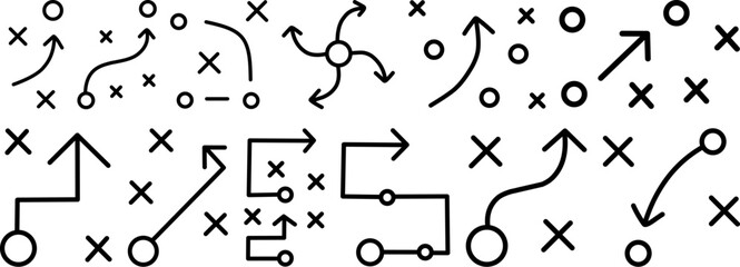 Vector Set of Strategy and Game Plan Icons, X and O Tactic Symbols, Arrows, and Diagrams for Sports, Business, and Creative Planning Concepts in Simple, Minimalist Line Art Style.