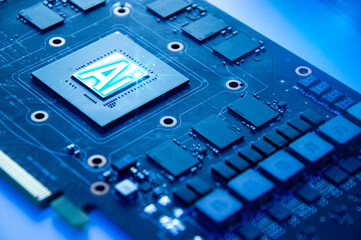 Fototapeta premium AI and CPU chips, motherboard circuit boards, computer motherboards, GPUs