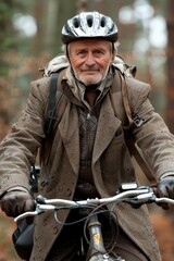 Fototapeta premium Businessman in suit and helmet cycling to work, symbolizing health and sustainable transport