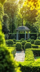Obraz premium A tranquil garden scene featuring manicured hedges, a charming gazebo, and lush greenery illuminated by warm sunlight.