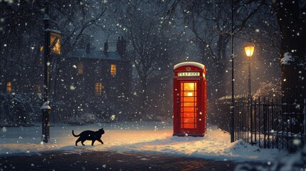 Snow falls gently in a quiet park with a red telephone booth glowing under a streetlight. A black cat walks through the snow, leaving small paw prints.