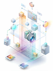 Obraz premium Holographic Campaign Finance Flowchart Concept: Wide Shot of a Glowing Diagram Connecting Entities with Dollar Symbols and Arrows, Featuring Ample Copy Space in a Clean Environment