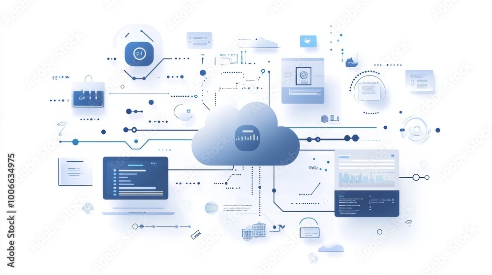 Poster a digital illustration symbolizing cloud computing with network connections and data flow elements, 